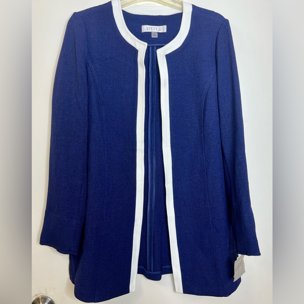 Kasper Open-Front Contrast Panel Long Sleeve Blazer Navy/Van Ice Womens M FLAW